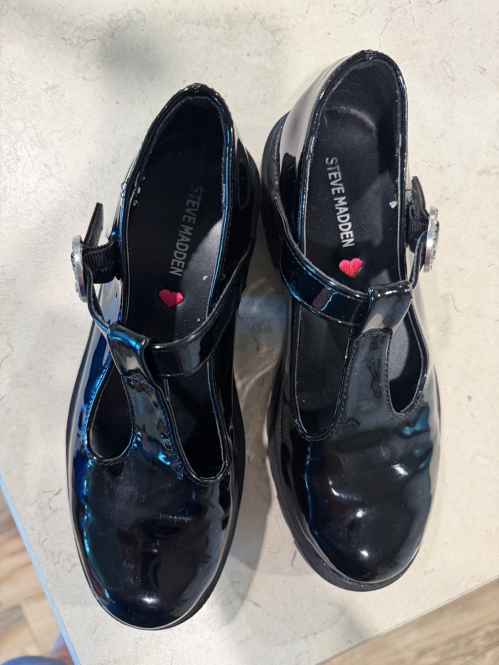 Steve Madden Black Patent T-Strap Mary Jane Pumps